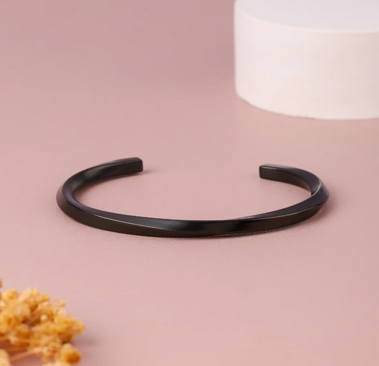 Black Stainless Steel Solid Twisted Cuff Bracelet For Men